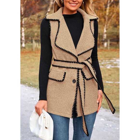 Women's Tweed Vest Outerwear Large Sleeveless Button Belt Fall Winter - Picture 7 of 9